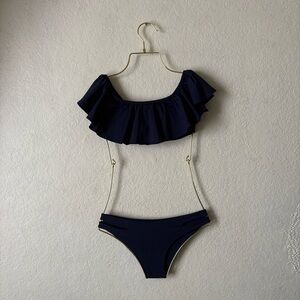 l*space Navy Ruffle Off-Shoulder Bikini Top and Estella bikini bottoms